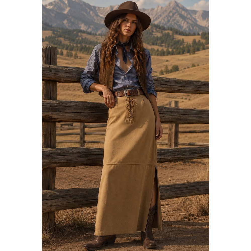 VTG Womens Y2K Western Lace Up Maxi Skirt Sz 3 Small Festival Cowgirl Rodeo
